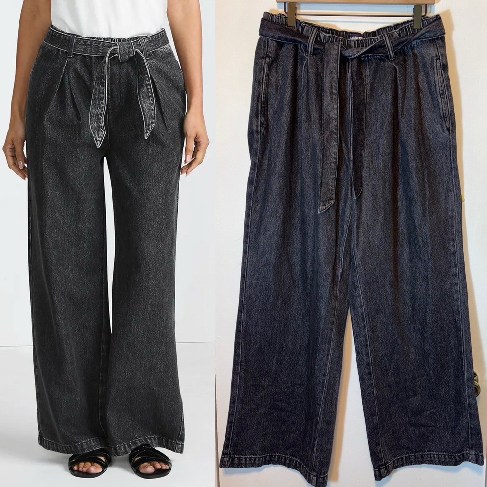 Lands' End High Ridge Twill Pants Size M 10-12 Black Wide Leg Tie Waist Pleated